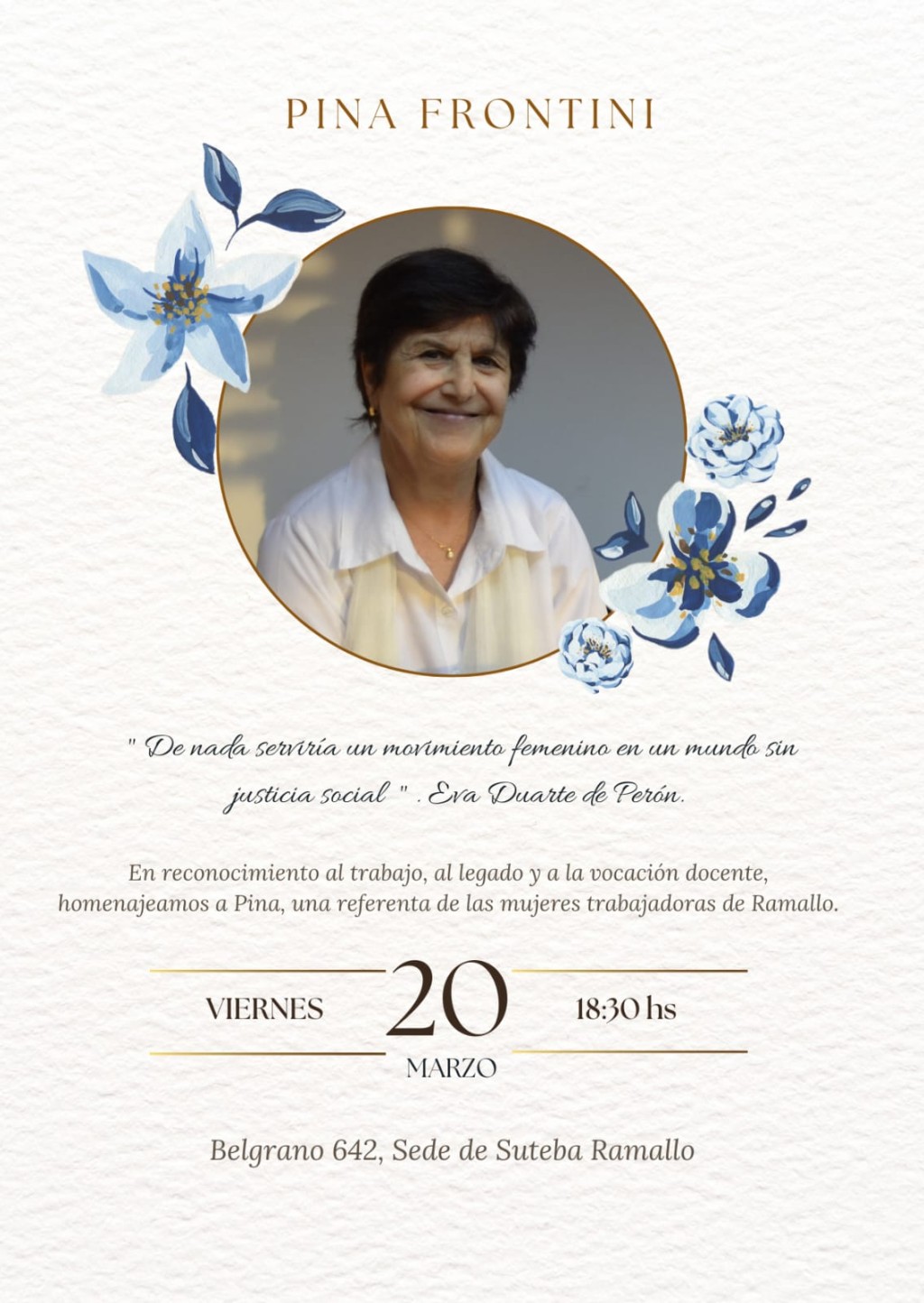 Homenaje: Ramallo recordar&aacute; el legado docente y gremial de Pina Frontini