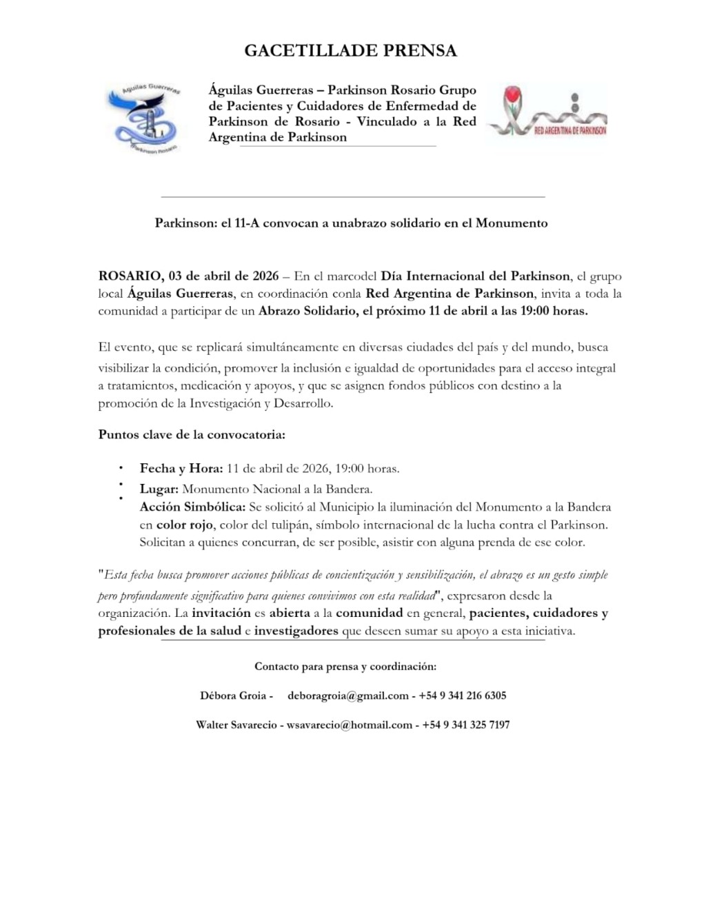 Convocan a un abrazo solidario por el Parkinson en Rosario