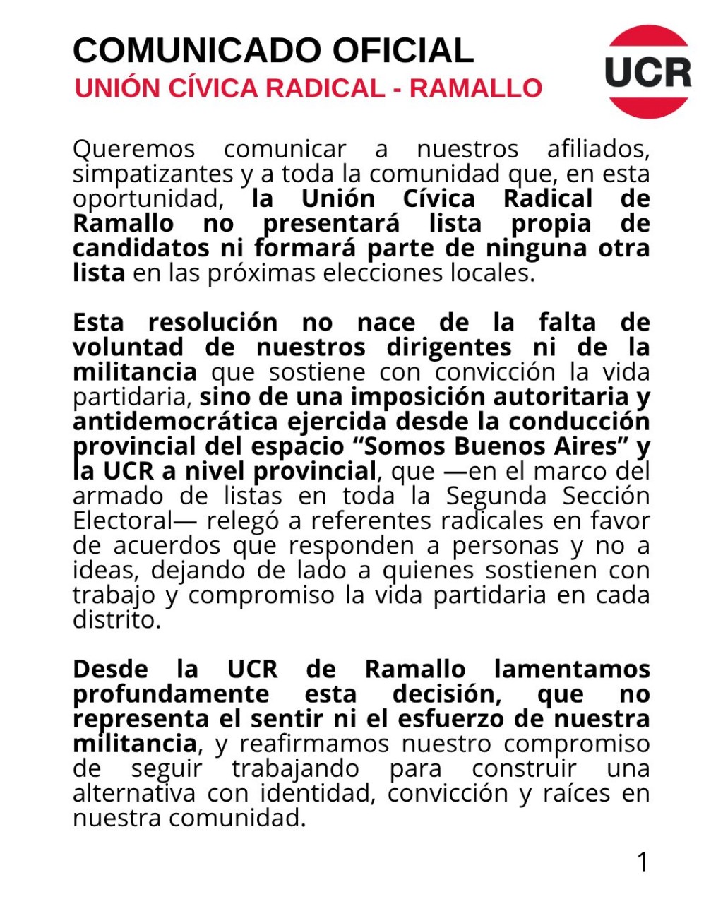 “Una de las páginas más oscuras”: la UCR explicó por qué no hay lista local en Ramallo