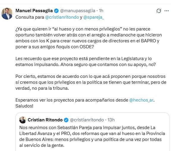 Passaglia cruz&oacute; a Ritondo y Pareja por sus propuestas de reforma en la Provincia: &ldquo;Menos privilegios, pero de verdad&rdquo;