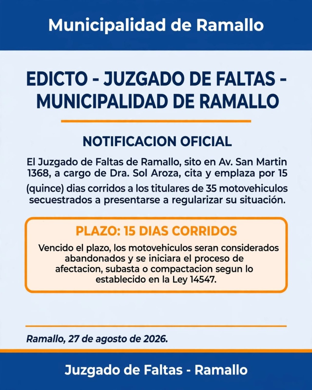 EDICTO - JUZGADO DE FALTAS - MUNICIPALIDAD DE RAMALLO
