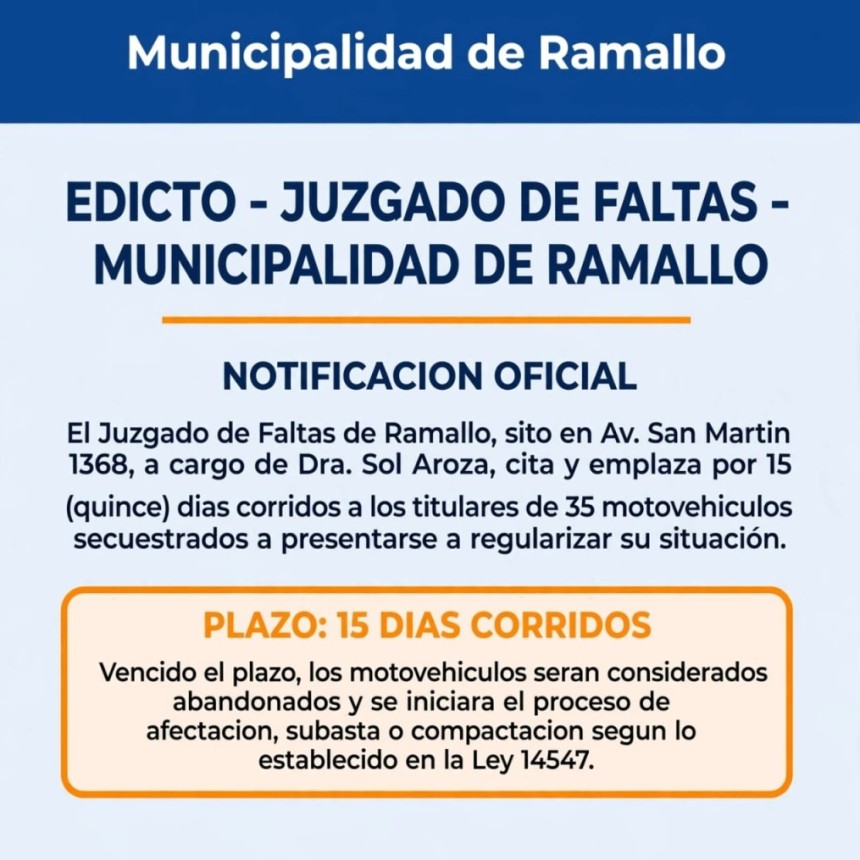 EDICTO - JUZGADO DE FALTAS - MUNICIPALIDAD DE RAMALLO