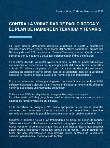 La UOM lanzó un duro comunicado contra Paolo Rocca y advirtió: “Salario digno o conflicto”
