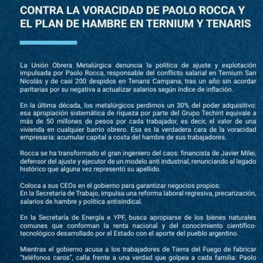 La UOM lanzó un duro comunicado contra Paolo Rocca y advirtió: “Salario digno o conflicto”