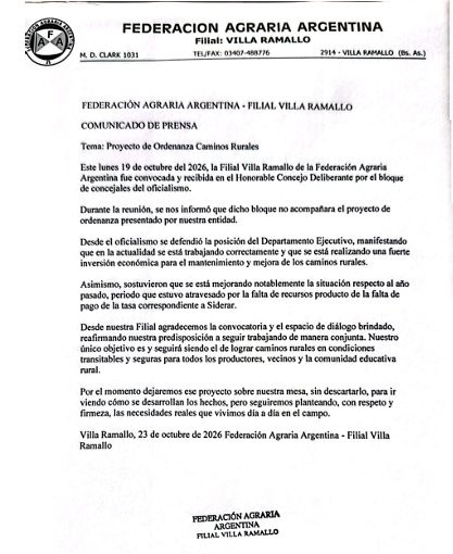 Caminos rurales: la Federaci&oacute;n Agraria cuestion&oacute; la falta de acompa&ntilde;amiento al proyecto de ordenanza