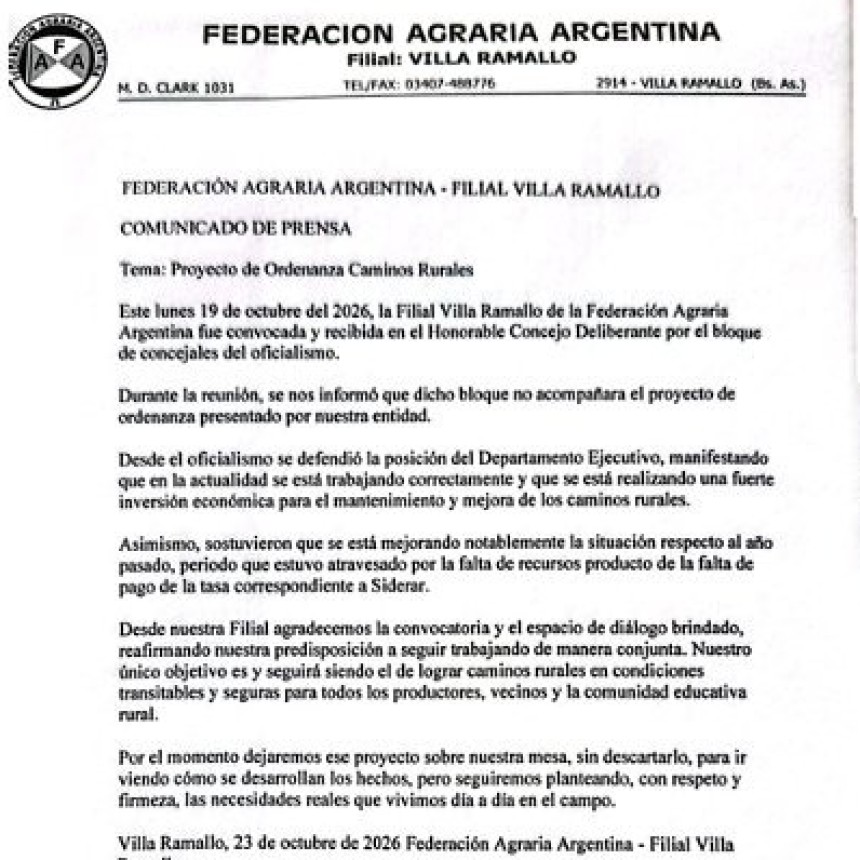 Caminos rurales: la Federaci&oacute;n Agraria cuestion&oacute; la falta de acompa&ntilde;amiento al proyecto de ordenanza